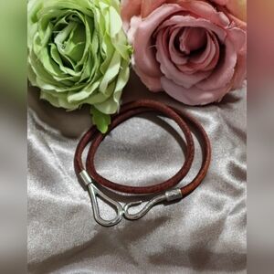 Unisex Silver Choker Hook Necklace/Bracelet Jumbo Brown Leather